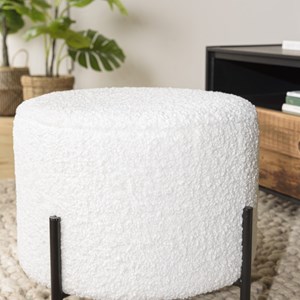 Agathe - tabouret rond 40x40cm tissu bouclette blanc pieds métal noir
