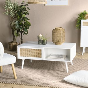 Sandro - table basse 2 tiroirs 1 niche cannage naturel et bois blanc