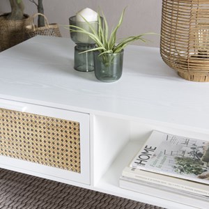 Sandro - table basse 2 tiroirs 1 niche cannage naturel et bois blanc