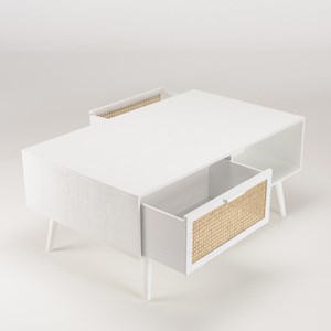 Sandro - table basse 2 tiroirs 1 niche cannage naturel et bois blanc