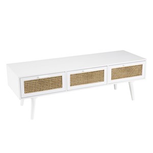 Sandro - meuble tv blanc 3 tiroirs cannage naturel et bois blanc