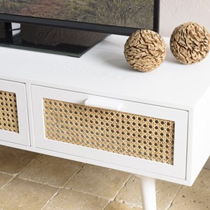 Sandro - meuble tv blanc 3 tiroirs cannage naturel et bois blanc