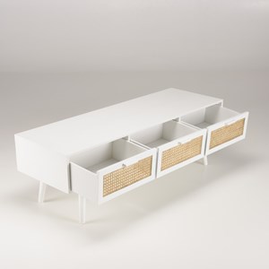 Sandro - meuble tv blanc 3 tiroirs cannage naturel et bois blanc