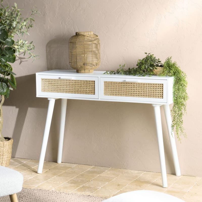 Sandro - console blanche 2 tiroirs cannage naturel sandro