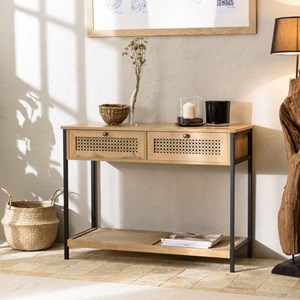Charlie - console bois marron 2 tiroirs 1 étagère cannage pieds métal