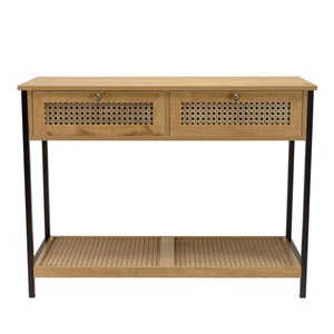 Charlie - console bois marron 2 tiroirs 1 étagère cannage pieds métal
