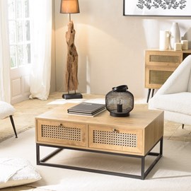 Charlie - table basse bois 4 tiroirs effet cannagemarron