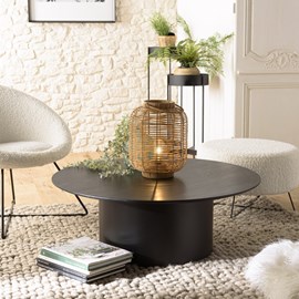 Daly - table basse ronde 90x90cm piètement métal et bois noire