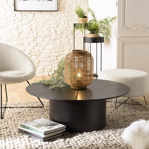 Daly - table basse ronde 90x90cm piètement métal et bois noire