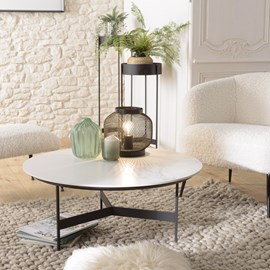 Daly - table basse ronde 78x78cm plateau effet marbre piètement métal
