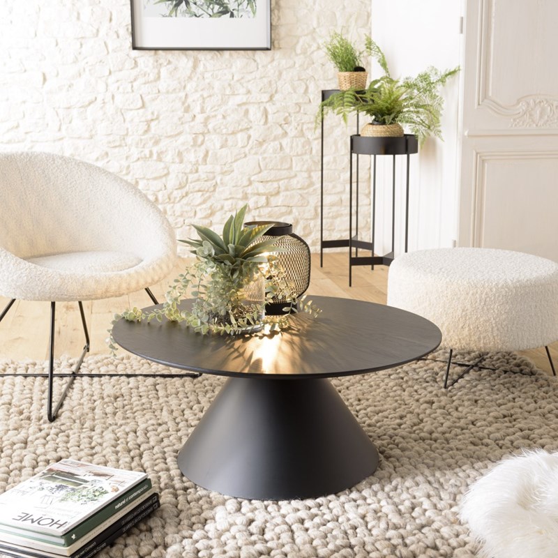 Macabane - Daly - table basse en bois ronde noire 78x78cm pied conique métal