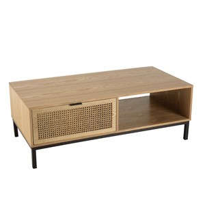 Marceau - table basse bois 1 niche 2 tiroirs cannage pieds noir