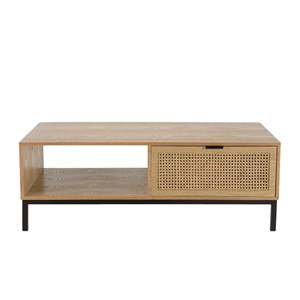 Marceau - table basse bois 1 niche 2 tiroirs cannage pieds noir