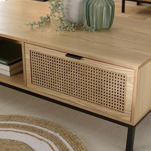 Marceau - table basse bois 1 niche 2 tiroirs cannage pieds noir