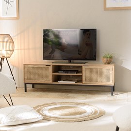 Marceau - meuble tv en bois 2 portes cannage naturel pieds métal noir