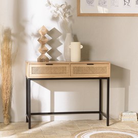 Marceau - console en bois 2 tiroirs cannage naturel pieds métal noir