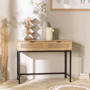 Marceau - console en bois 2 tiroirs cannage naturel pieds métal noir