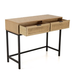 Marceau - console en bois 2 tiroirs cannage naturel pieds métal noir
