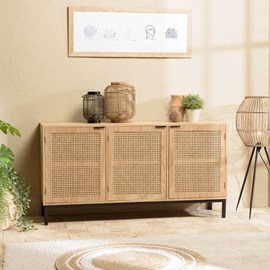 Marceau - buffet en bois 3 portes cannage naturel pieds métal noir