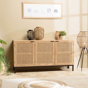 Marceau - buffet en bois 3 portes cannage naturel pieds métal noir