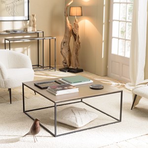 Johan - table basse carrée 90x90cm aluminium doré et noir pieds métal