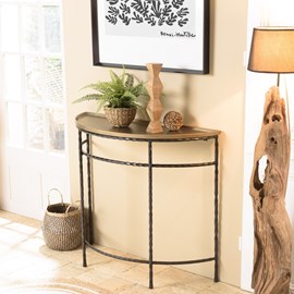 Johan - console demi-lune 90x36cm alu doré pieds métal noirs torsadés
