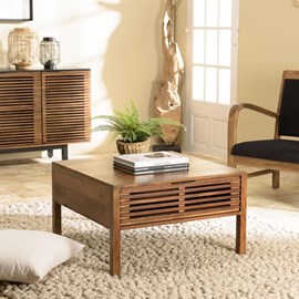 Alix - table basse carrée 70x70cm en bois manguier 2 tiroirs ajourés