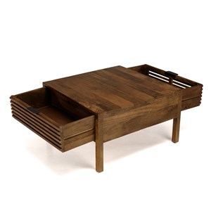 Alix - table basse carrée 70x70cm en bois manguier 2 tiroirs ajourés