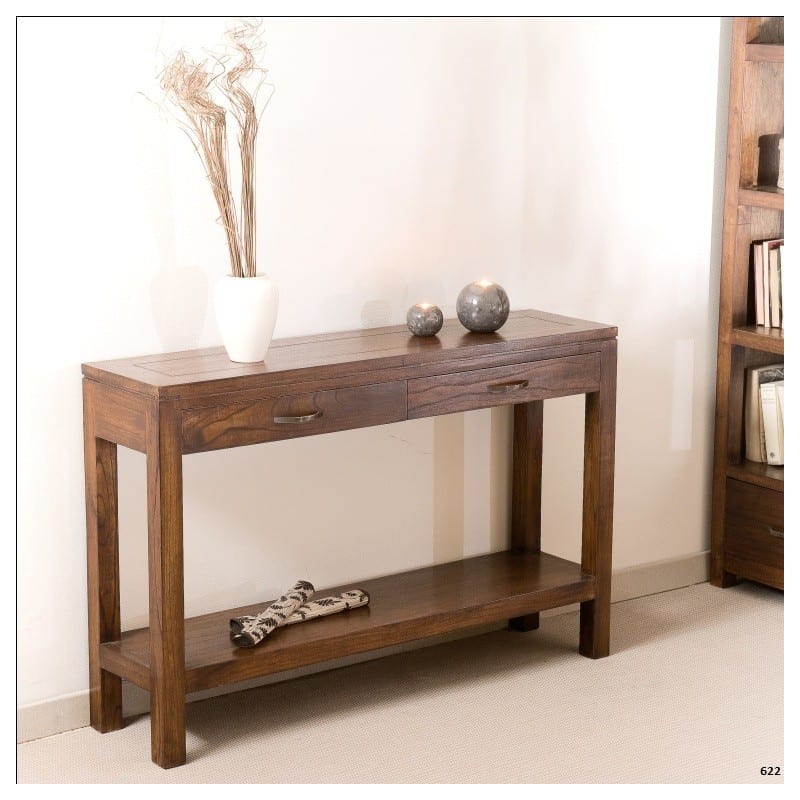 Macabane - Lauren - console marron rectangulaire 2 tiroirs bois mindi