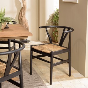 Sixtine - chaise bois de teck recyclé dossier arrondi et rotin noire