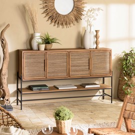 Sixtine - buffet 4 portes en bois de teck recyclé et rotin