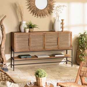 Sixtine - buffet 4 portes en bois de teck recyclé et rotin