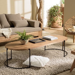 Sixtine - table basse ovale 163x63cm plateau en bois de teck recyclé