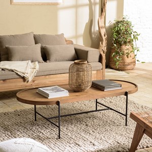 Sixtine - table basse ovale 140x63cm plateau en bois de teck recyclé
