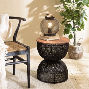 Sixtine - table d'appoint en rotin noir plateau bois de teck recyclé