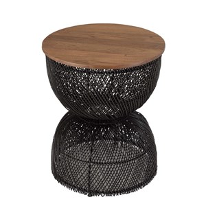 Sixtine - table d'appoint en rotin noir plateau bois de teck recyclé