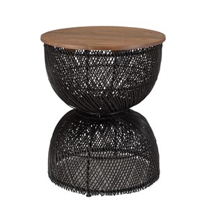 Sixtine - table d'appoint en rotin noir plateau bois de teck recyclé