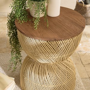 Sixtine - table d'appoint en rotin beige plateau en bois teck recyclé