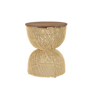 Sixtine - table d'appoint en rotin beige plateau en bois teck recyclé