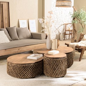 Sixtine - set de 3 tables basses rondes tissage de fibre de cocotier