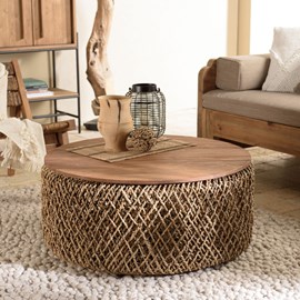 Sixtine - table basse ronde diam85 rotin plateau bois de teck recyclé