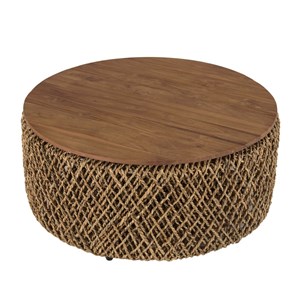 Sixtine - table basse ronde diam85 rotin plateau bois de teck recyclé