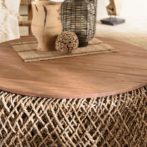 Sixtine - table basse ronde diam85 rotin plateau bois de teck recyclé