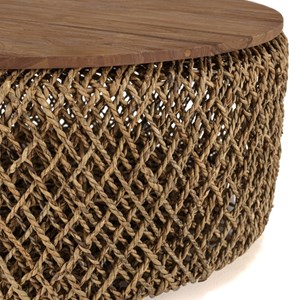 Sixtine - table basse ronde diam85 rotin plateau bois de teck recyclé