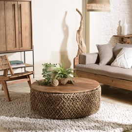 Sixtine - table basse ronde diam 100 rotin, plateau bois teck recyclé