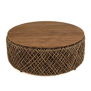 Sixtine - table basse ronde diam 100 rotin, plateau bois teck recyclé