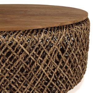Sixtine - table basse ronde diam 100 rotin, plateau bois teck recyclé