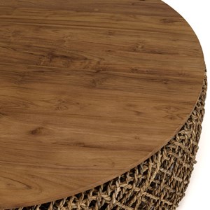 Sixtine - table basse ronde diam 100 rotin, plateau bois teck recyclé