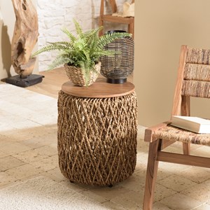 Sixtine - table d'appoint ronde diam40 rotin plateau bois teck recyclé