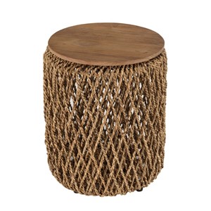Sixtine - table d'appoint ronde diam40 rotin plateau bois teck recyclé